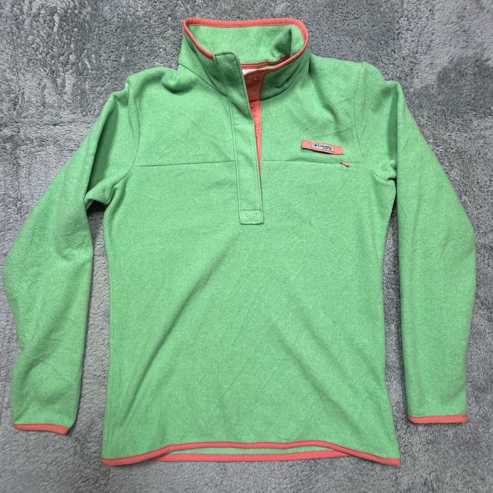 Columbia PFG Benton Springs‎ Women M Green Pink Trim Half Snap Fleece Pullover